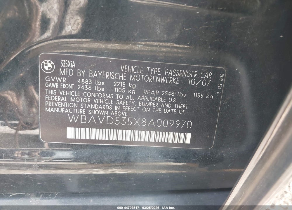 2008 BMW 335XI VIN: WBAVD535X8A009970