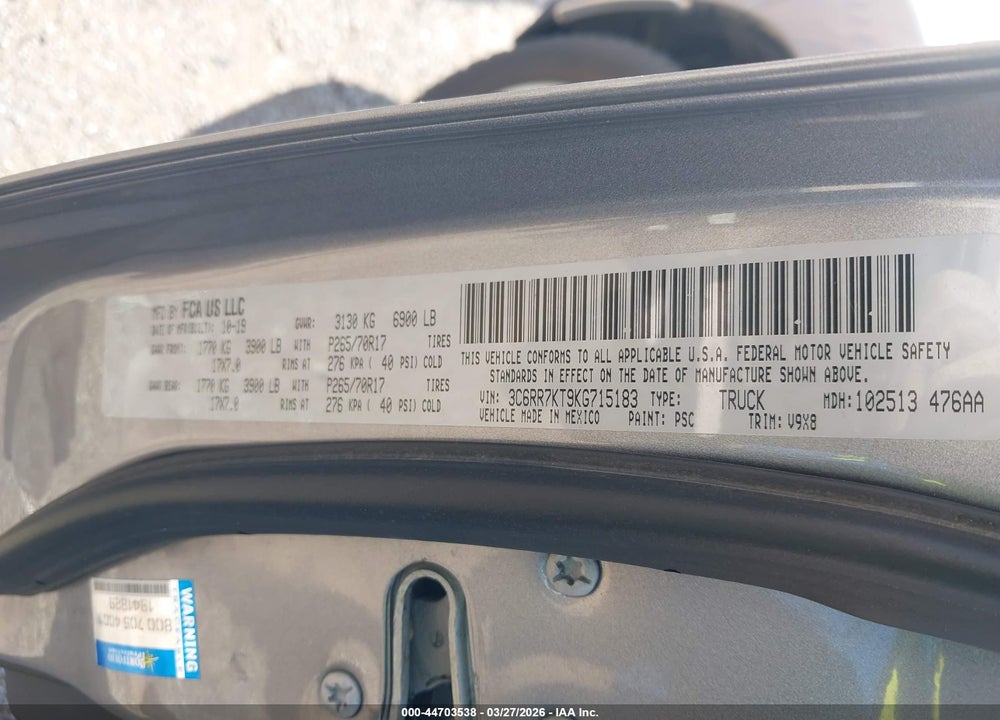 2019 RAM 1500 CLASSIC VIN: 3C6RR7KT9KG715183