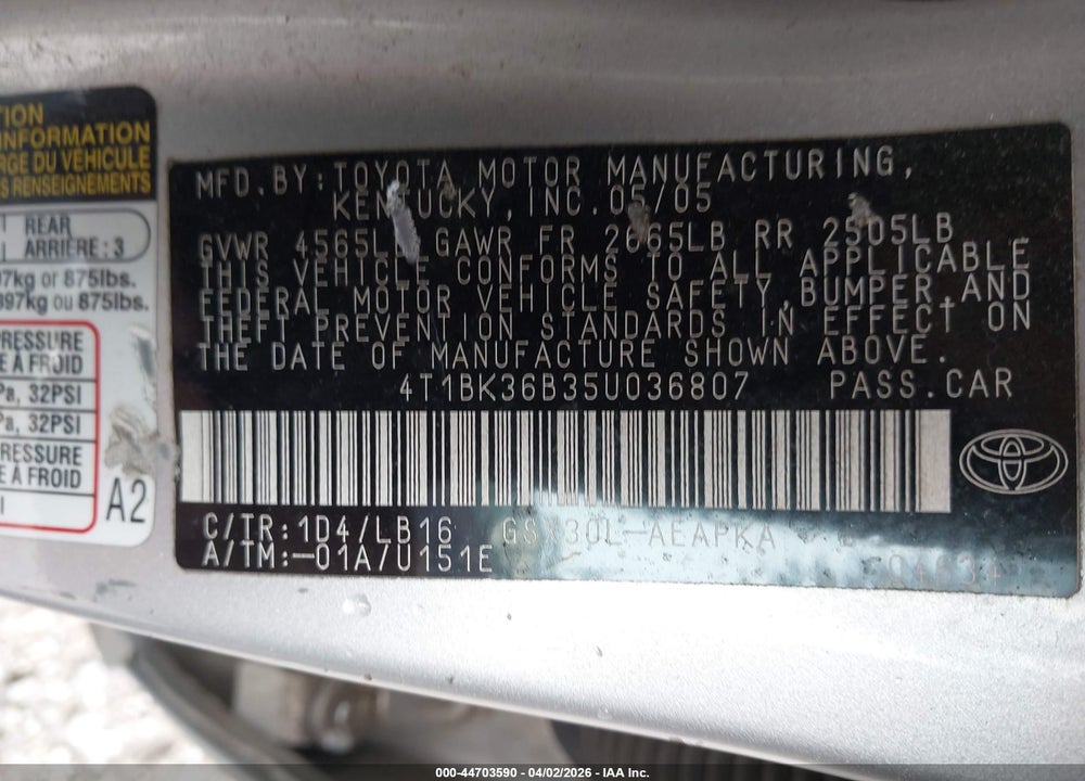 2005 TOYOTA AVALON LIMITED VIN: 4T1BK36B35U036807