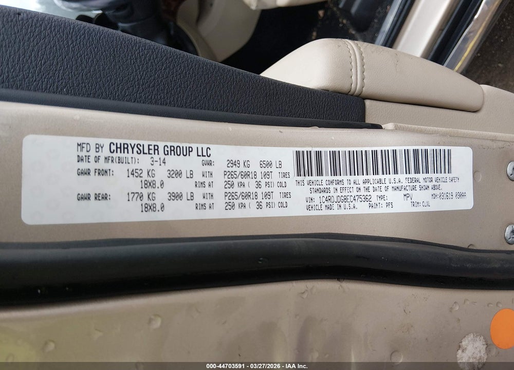 2014 DODGE DURANGO LIMITED VIN: 1C4RDJDG8EC475362