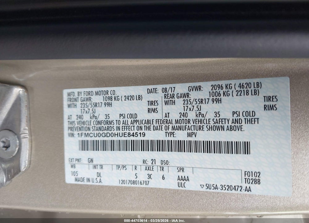 2017 FORD ESCAPE SE VIN: 1FMCU0GD0HUE84519