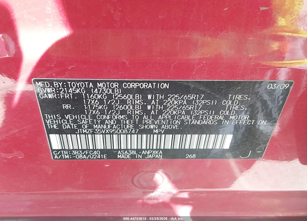 2009 TOYOTA RAV4 VIN: JTMZF35VX95008747