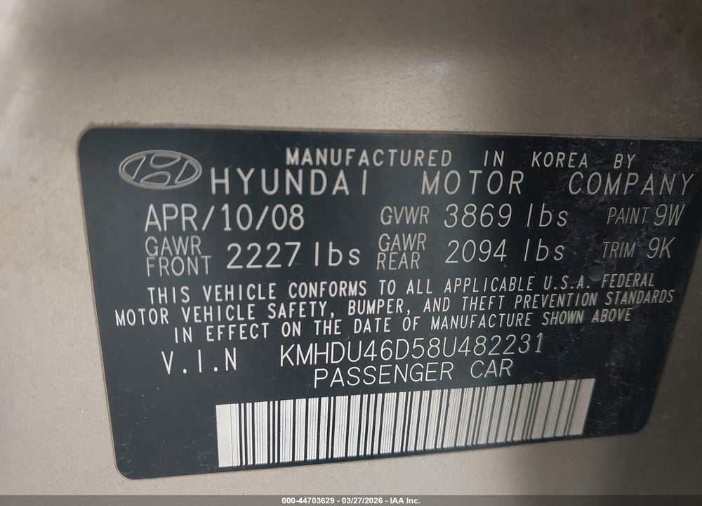 2008 HYUNDAI ELANTRA GLS/SE VIN: KMHDU46D58U482231