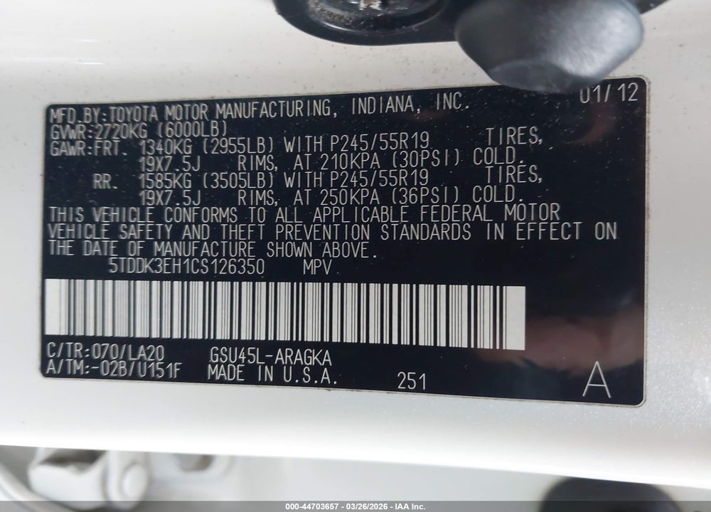 2012 TOYOTA HIGHLANDER LIMITED V6 VIN: 5TDDK3EH1CS126350