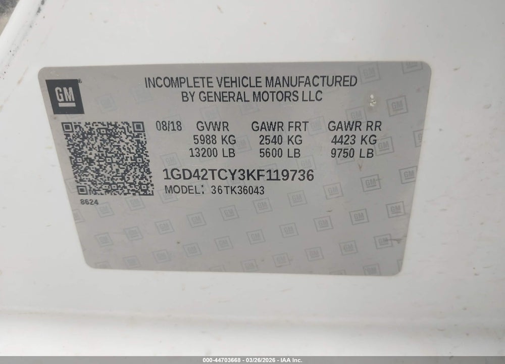 2019 GMC SIERRA 3500HD CHASSIS VIN: 1GD42TCY3KF119736