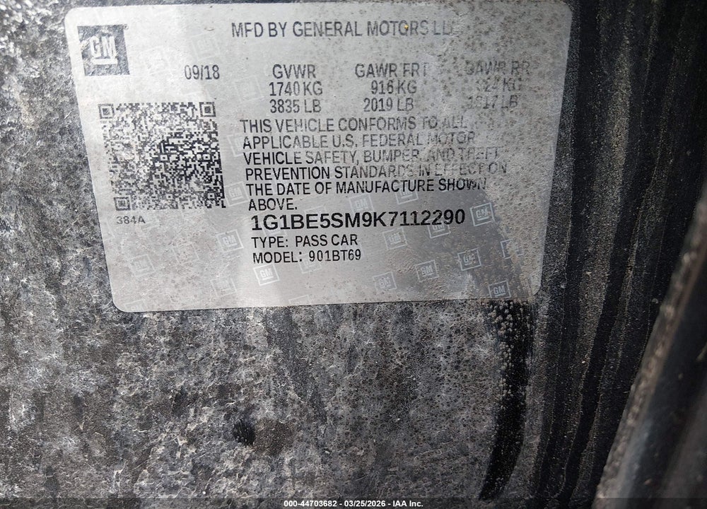 2019 CHEVROLET CRUZE LT VIN: 1G1BE5SM9K7112290