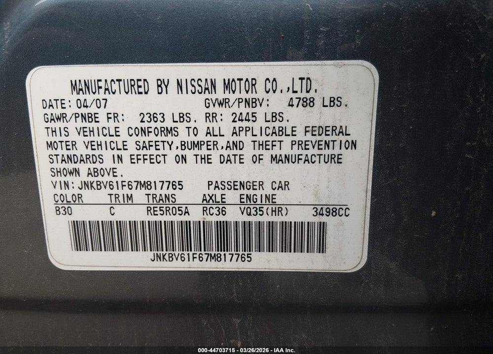 2007 INFINITI G35X VIN: JNKBV61F67M817765