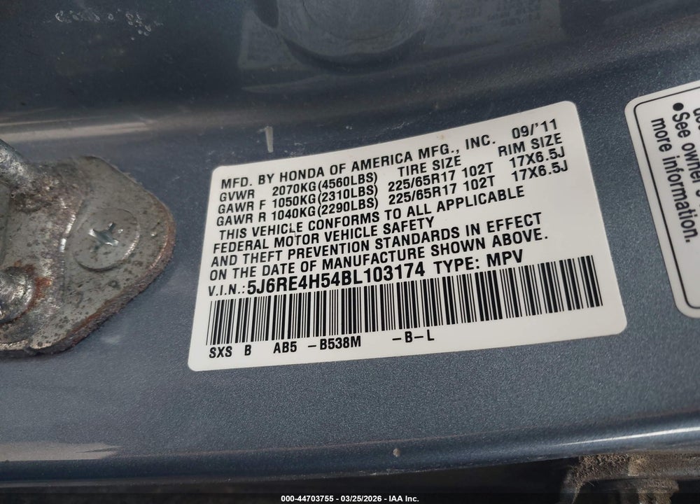 2011 HONDA CR-V EX VIN: 5J6RE4H54BL103174