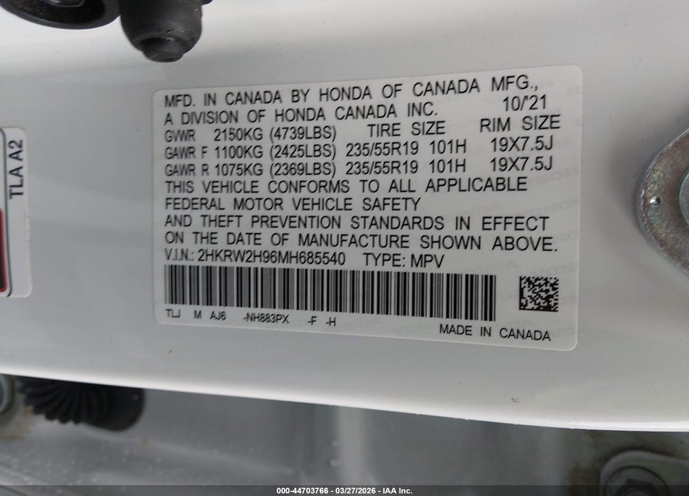 2021 HONDA CR-V AWD TOURING VIN: 2HKRW2H96MH685540