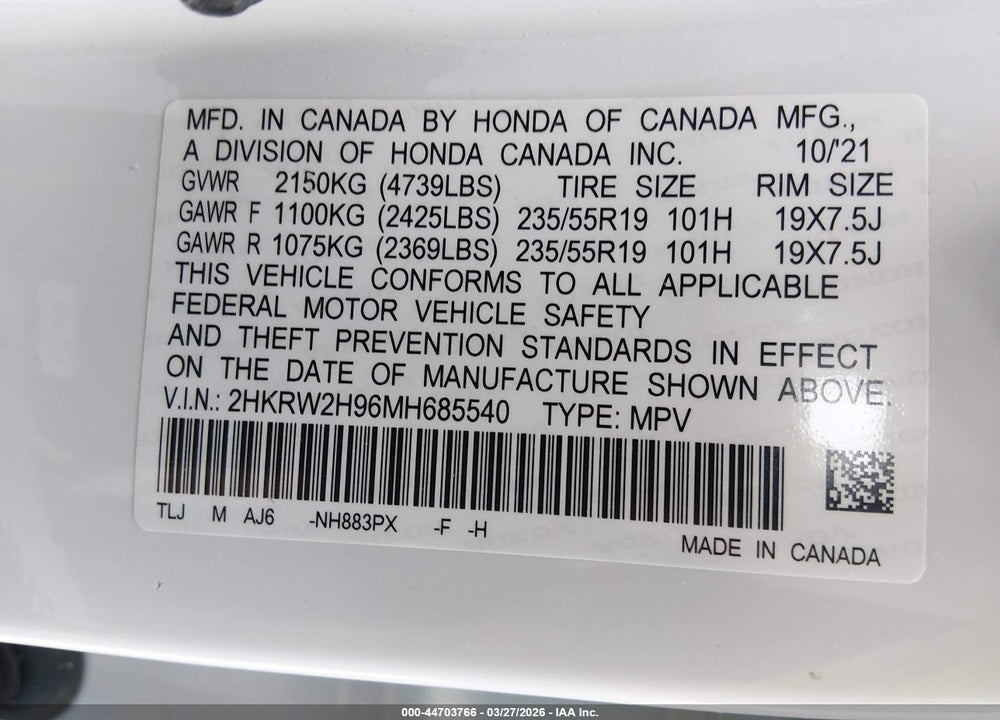 2021 HONDA CR-V AWD TOURING VIN: 2HKRW2H96MH685540