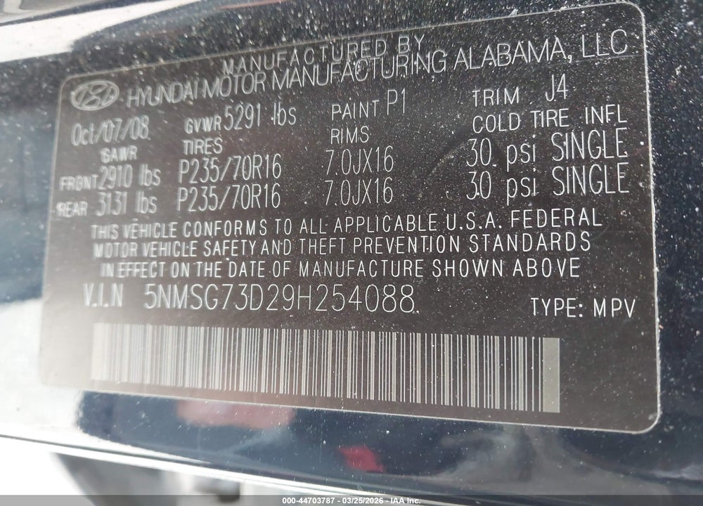 2009 HYUNDAI SANTA FE GLS VIN: 5NMSG73D29H254088