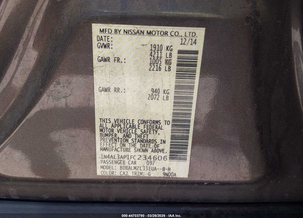 2015 NISSAN ALTIMA 2.5 SV VIN: 1N4AL3AP1FC234606