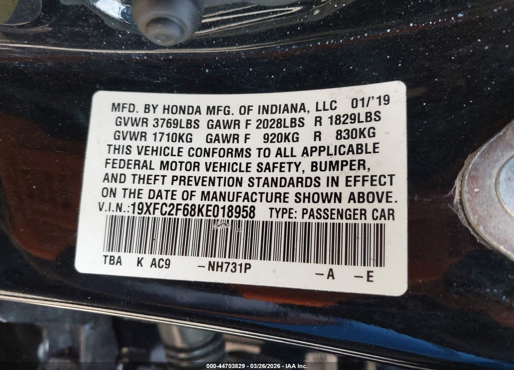 2019 HONDA CIVIC LX VIN: 19XFC2F68KE018958