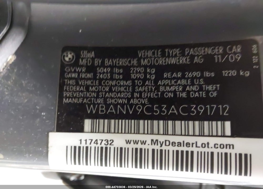 2010 BMW 535I XDRIVE VIN: WBANV9C53AC391712