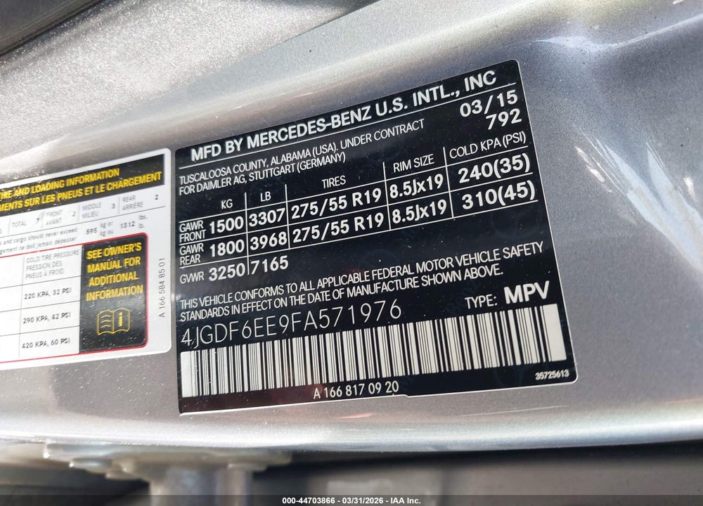 2015 MERCEDES-BENZ GL 450 4MATIC VIN: 4JGDF6EE9FA571976