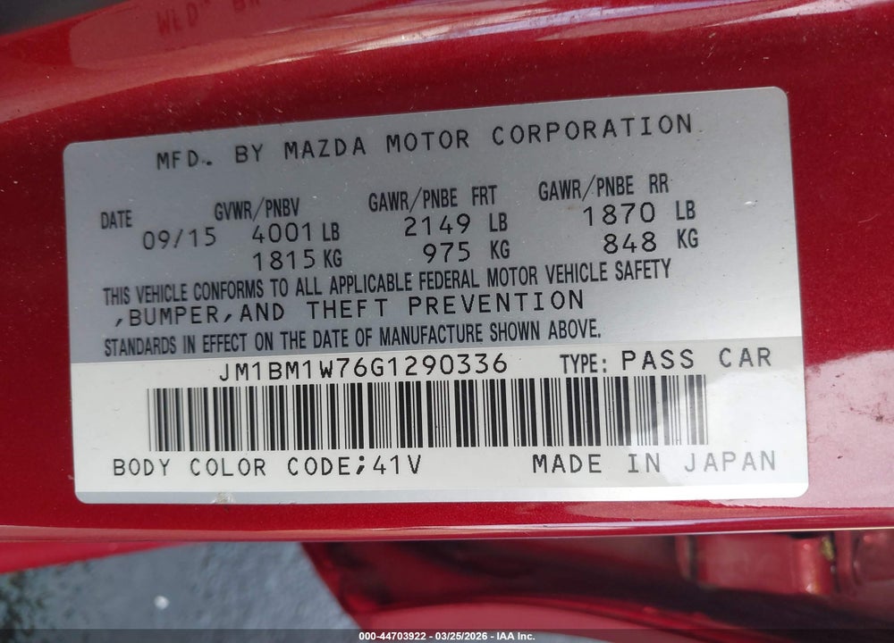 2016 MAZDA 3 I TOURING VIN: JM1BM1W76G1290336