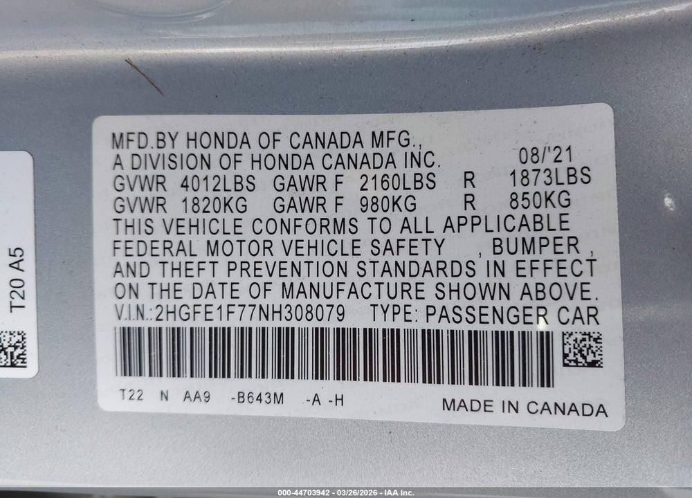 2022 HONDA CIVIC EX VIN: 2HGFE1F77NH308079