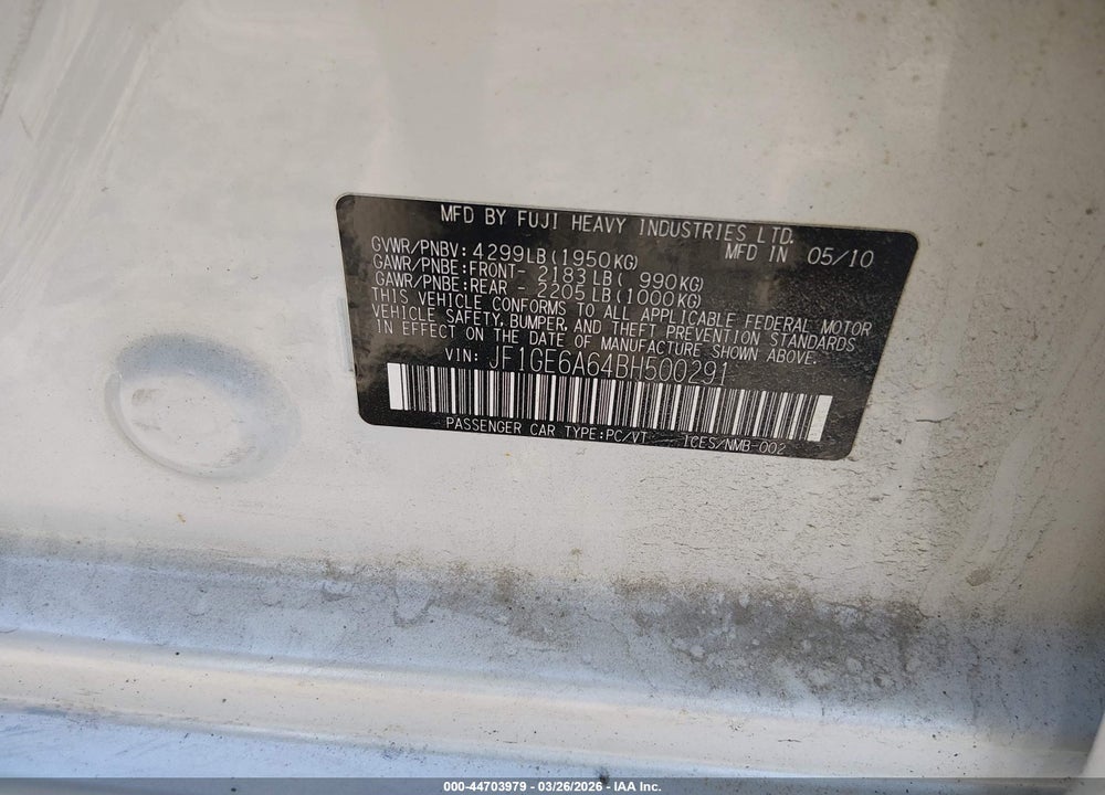 2011 SUBARU IMPREZA 2.5I VIN: JF1GE6A64BH500291
