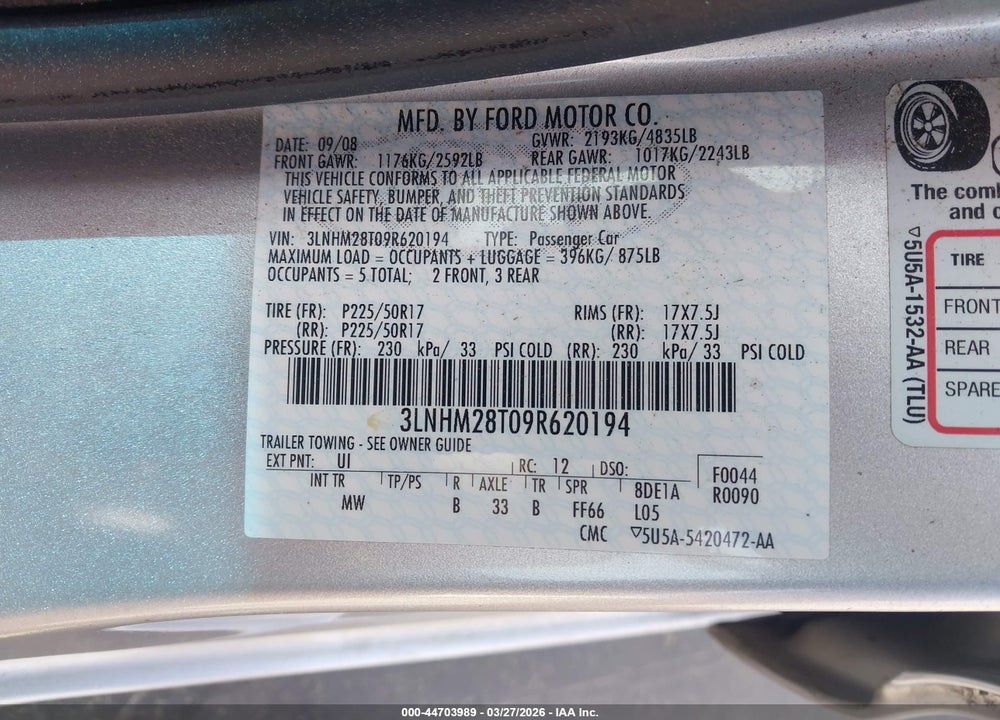 2009 LINCOLN MKZ VIN: 3LNHM28T09R620194