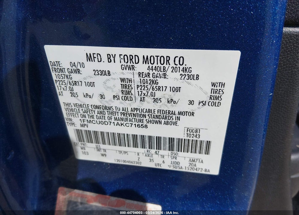 2010 FORD ESCAPE XLT VIN: 1FMCU0D71AKC71658