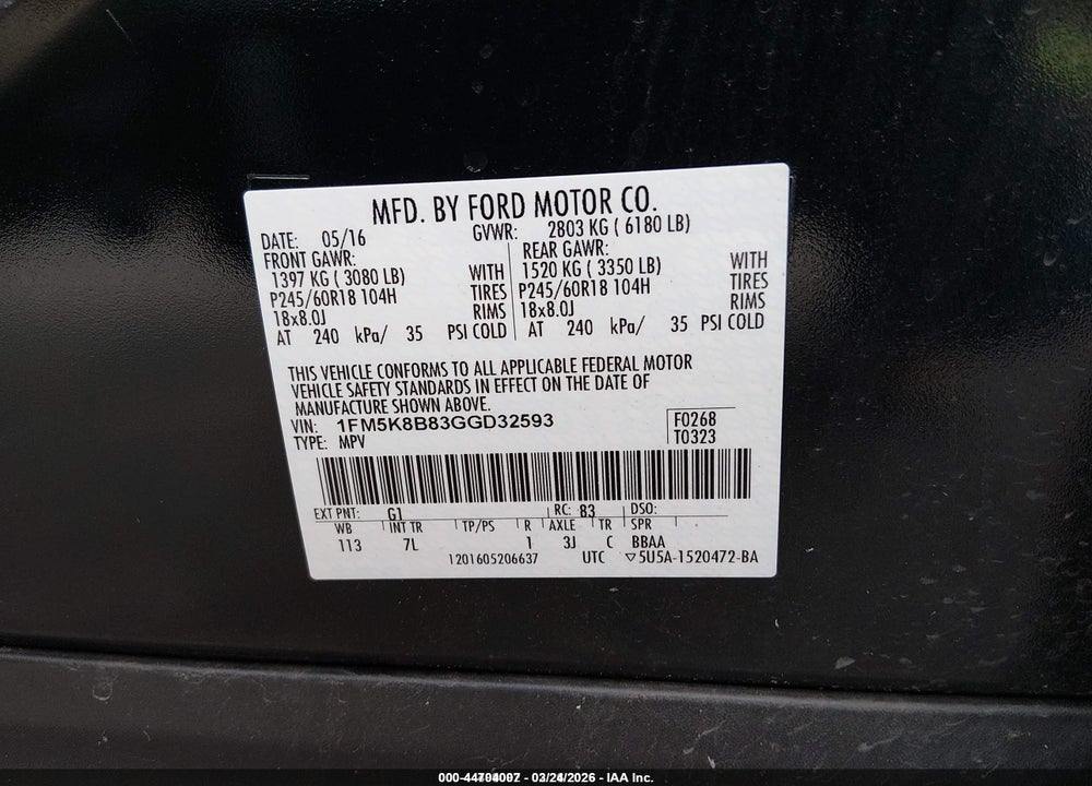 2016 FORD EXPLORER VIN: 1FM5K8B83GGD32593