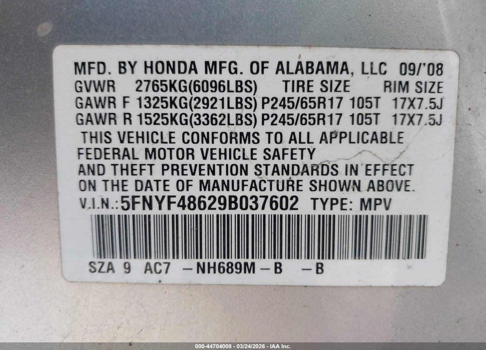2009 HONDA PILOT EX-L VIN: 5FNYF48629B037602