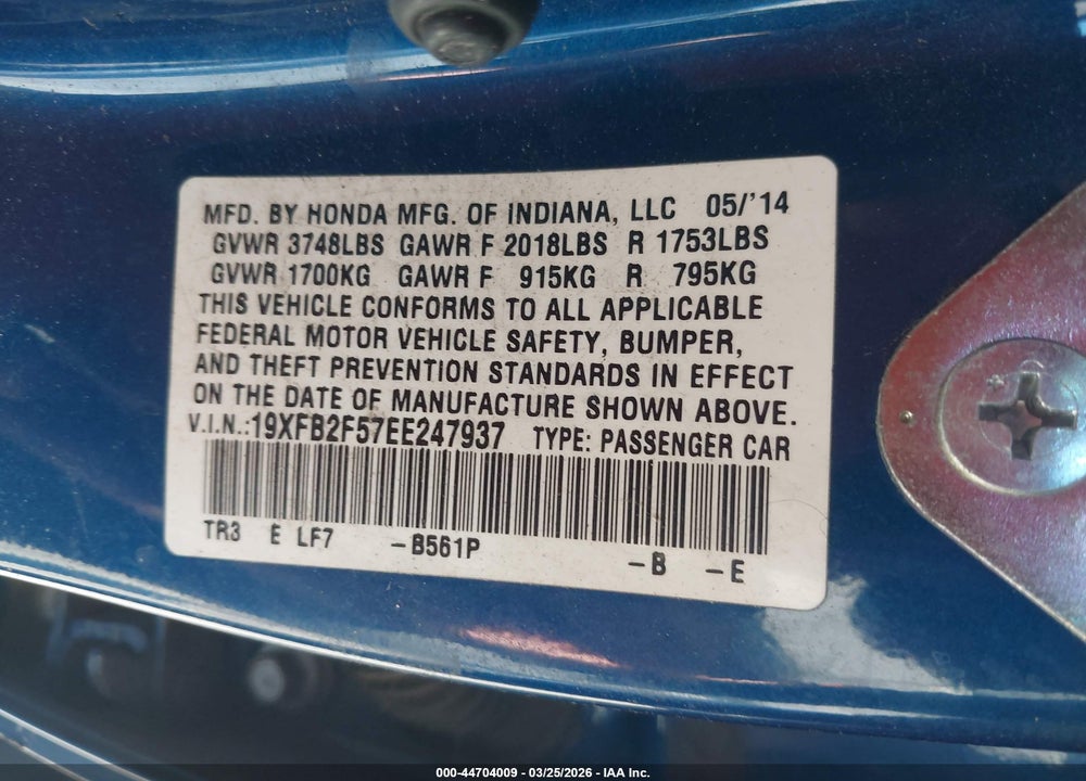 2014 HONDA CIVIC LX VIN: 19XFB2F57EE247937