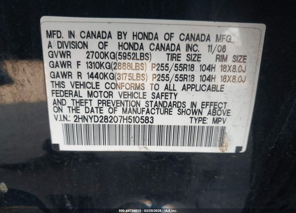 2007 ACURA MDX VIN: 2HNYD28207H510583