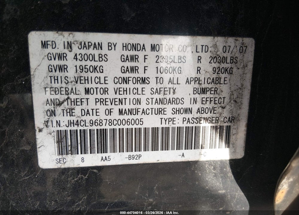 2008 ACURA TSX VIN: JH4CL96878C006005
