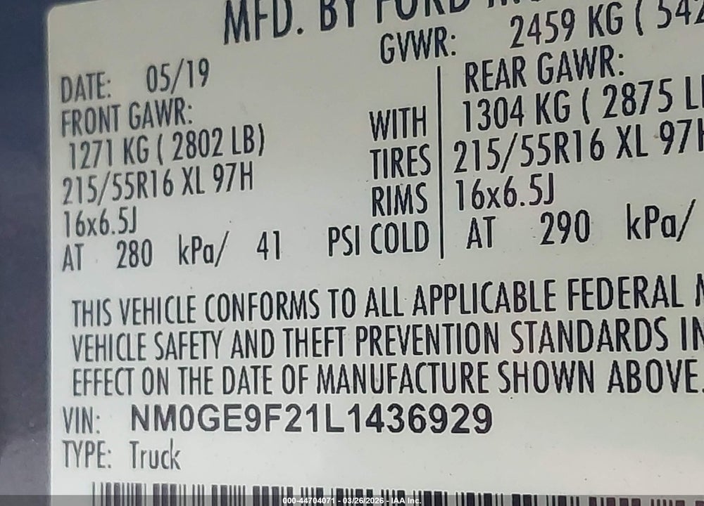 2020 FORD TRANSIT CONNECT XLT PASSENGER VIN: NM0GE9F21L1436929