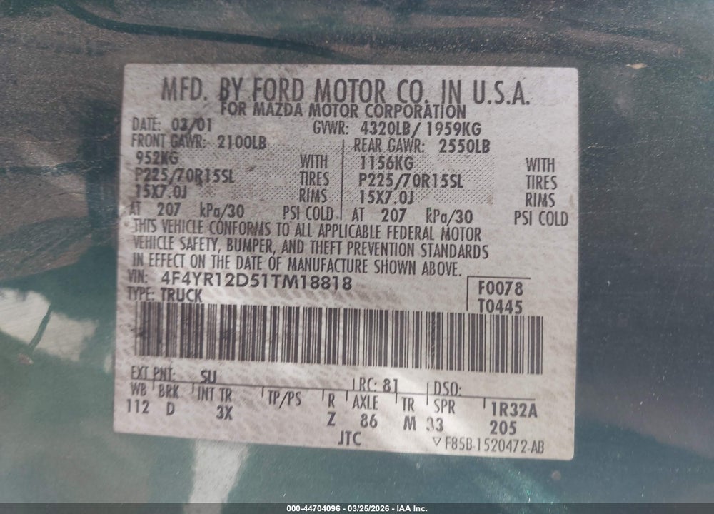 2001 MAZDA B2300 SE/SX VIN: 4F4YR12D51TM18818