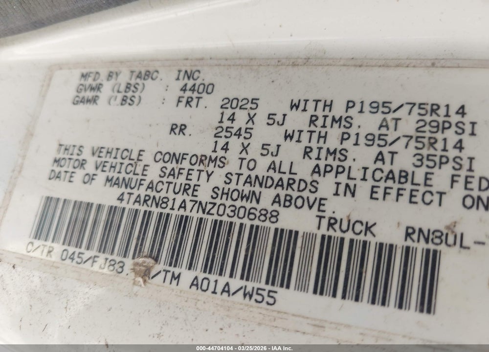1992 TOYOTA PICKUP 1/2 TON SHORT WHLBASE STB VIN: 4TARN81A7NZ030688