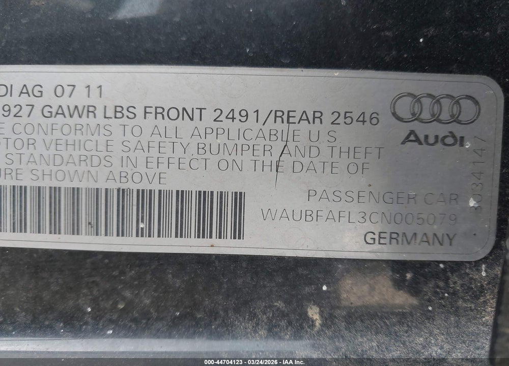 2012 AUDI A4 2.0T PREMIUM VIN: WAUBFAFL3CN005079