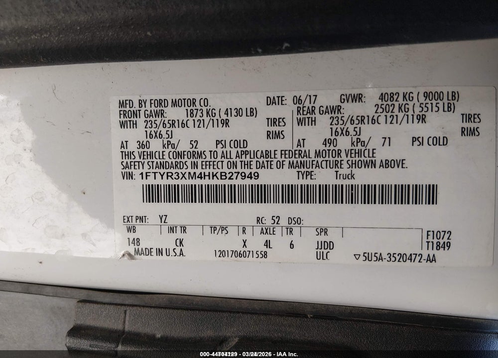 2017 FORD TRANSIT-250 VIN: 1FTYR3XM4HKB27949