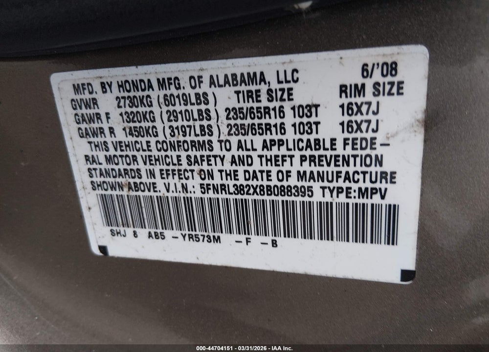 2008 HONDA ODYSSEY LX VIN: 5FNRL382X8B088395