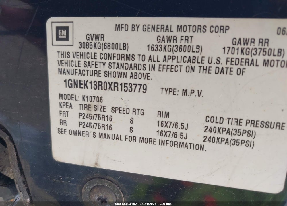 1999 CHEVROLET TAHOE LS VIN: 1GNEK13R0XR153779
