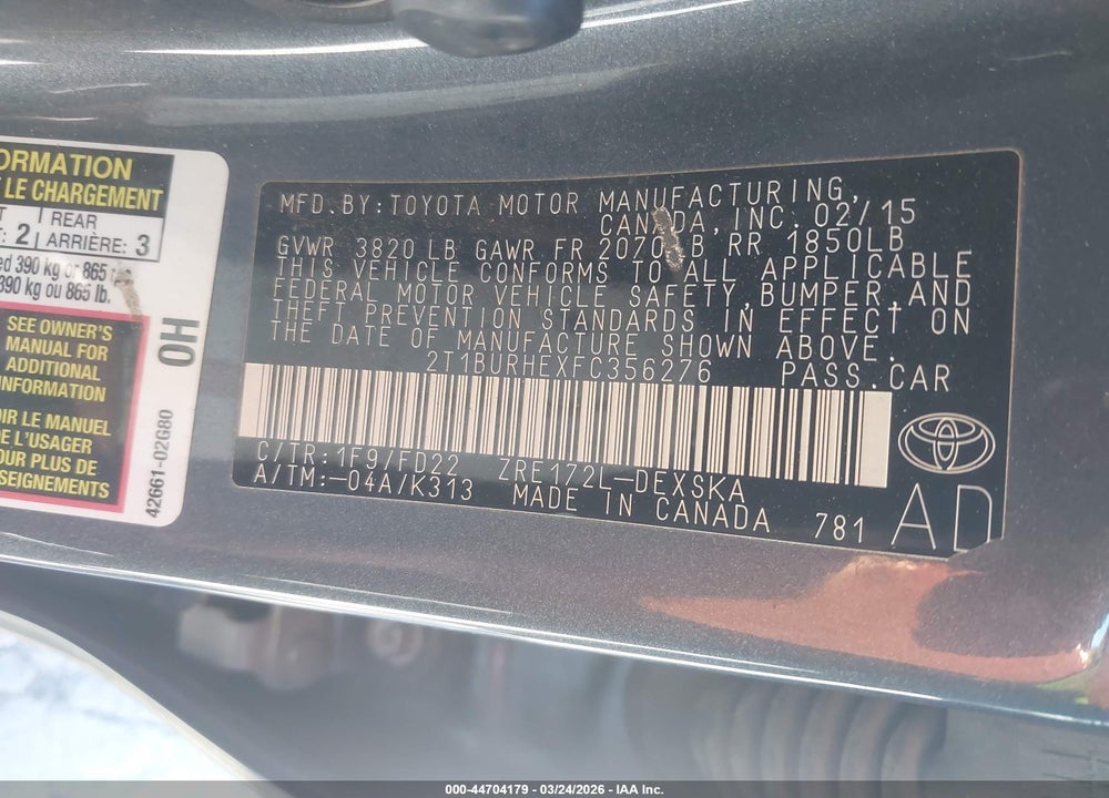 2015 TOYOTA COROLLA S PLUS VIN: 2T1BURHEXFC356276