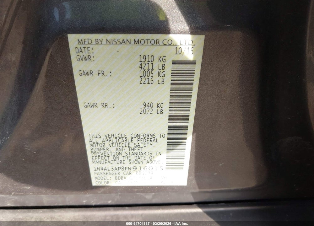 2015 NISSAN ALTIMA 2.5 S VIN: 1N4AL3AP8FN916015