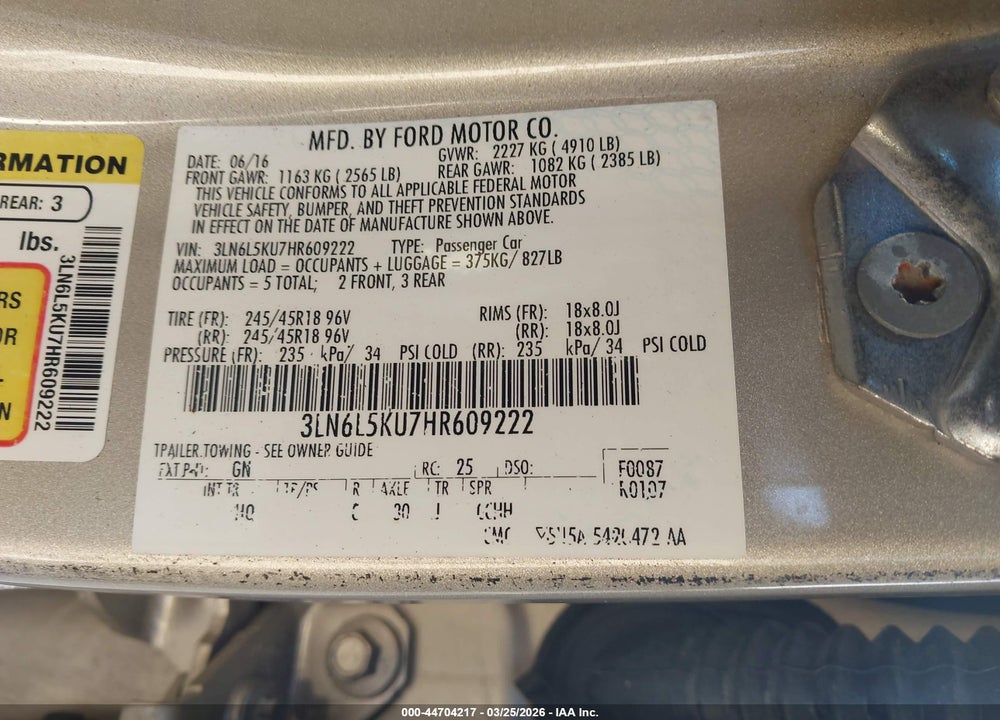 2017 LINCOLN MKZ HYBRID PREMIERE VIN: 3LN6L5KU7HR609222