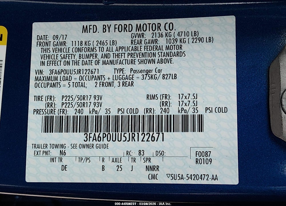2018 FORD FUSION HYBRID S VIN: 3FA6P0UU5JR122671