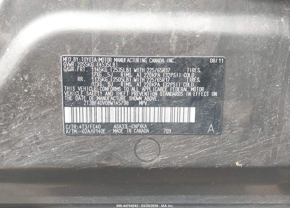 2011 TOYOTA RAV4 VIN: 2T3BF4DV0BW145798