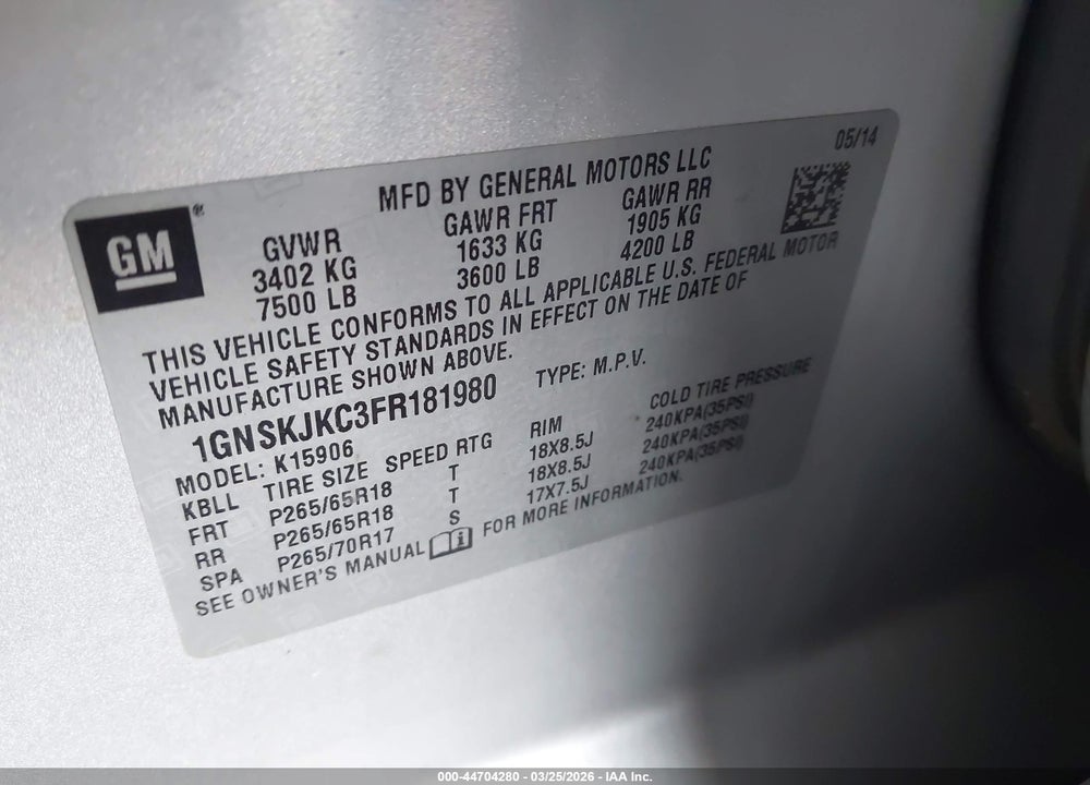 2015 CHEVROLET SUBURBAN 1500 LT VIN: 1GNSKJKC3FR181980