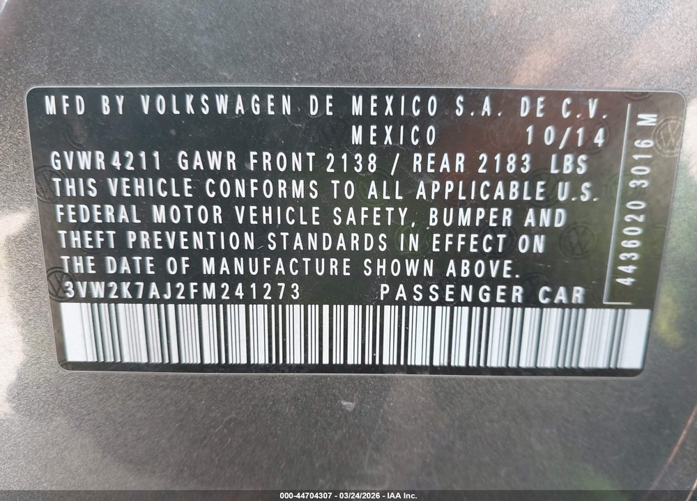 2015 VOLKSWAGEN JETTA 2.0L S VIN: 3VW2K7AJ2FM241273