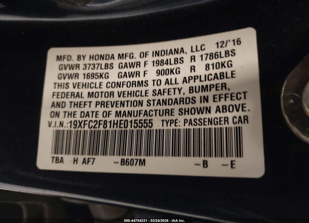 2017 HONDA CIVIC EX VIN: 19XFC2F81HE015555