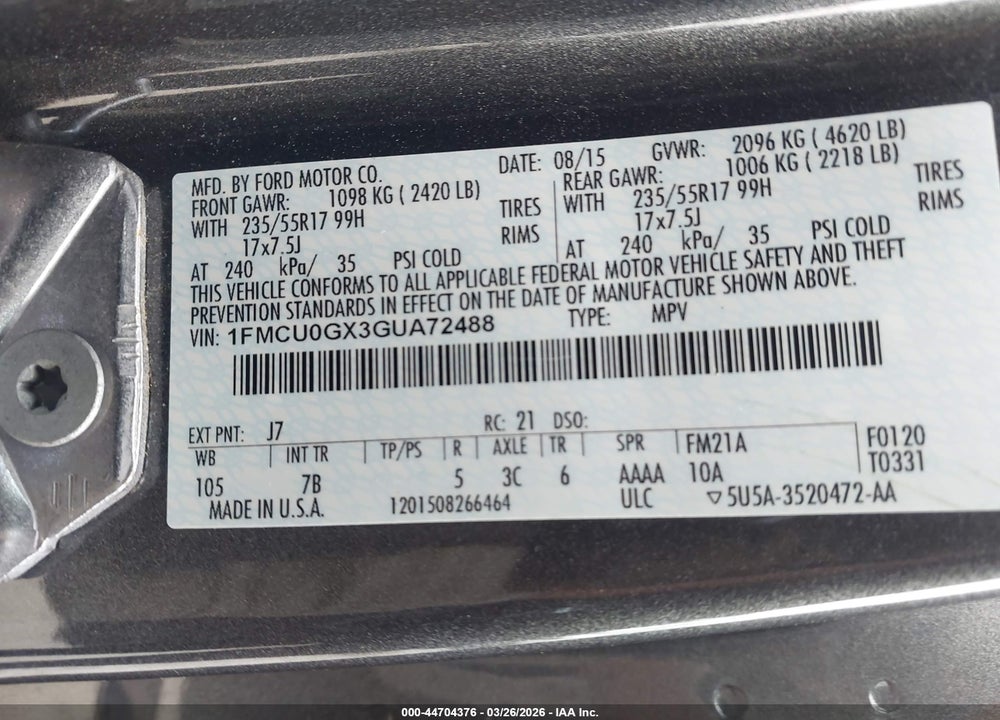 2016 FORD ESCAPE SE VIN: 1FMCU0GX3GUA72488