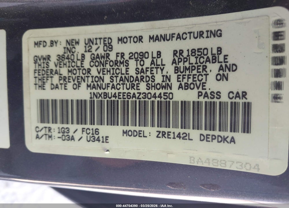 2010 TOYOTA COROLLA LE VIN: 1NXBU4EE6AZ304450