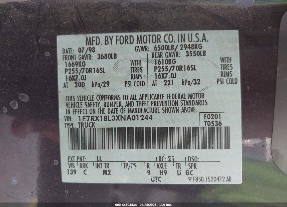 1999 FORD F-150 LARIAT/XL/XLT VIN: 1FTRX18L3XNA01244