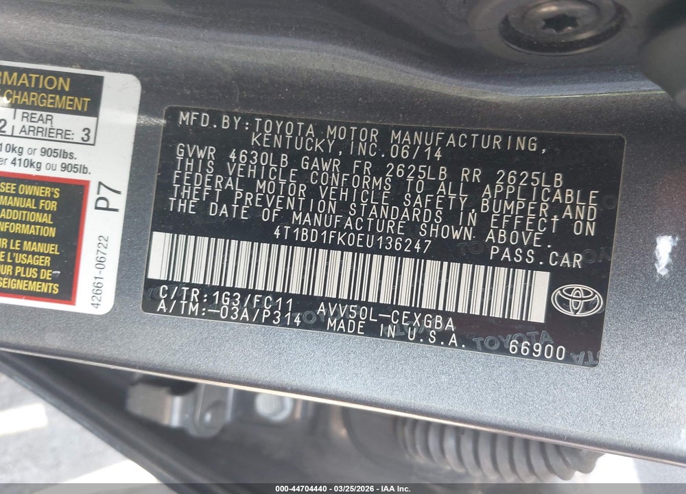 2014 TOYOTA CAMRY HYBRID XLE VIN: 4T1BD1FK0EU136247