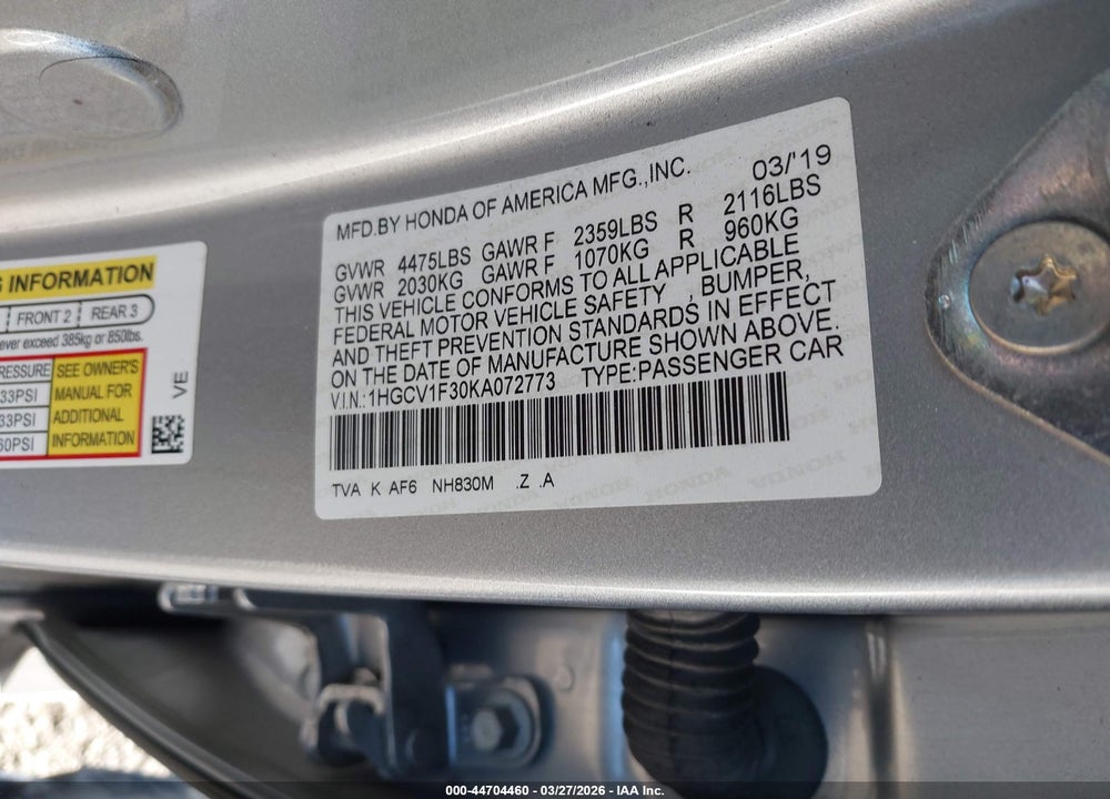 2019 HONDA ACCORD SPORT VIN: 1HGCV1F30KA072773