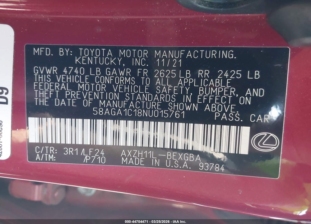 2022 LEXUS ES 300H F SPORT VIN: 58AGA1C18NU015761